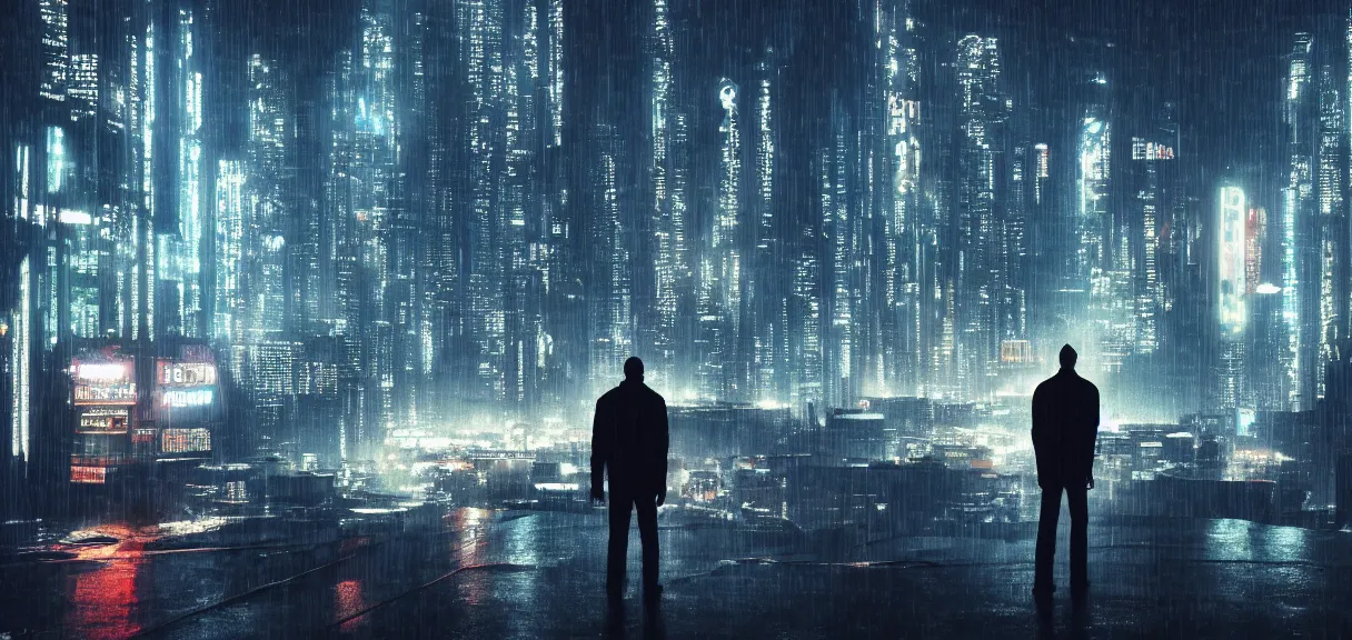 Image similar to shot of the alone man standing on the roof during rain, looks at impressive cyberpunk city at night during great storm, nightscape, futuristic architecture, realistic photo, neons, blade runner, akira style, cinematic lighting, cinematic angles