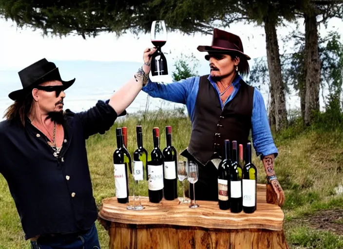 Image similar to jonney depp selling mega pints of wine at a makeshift wood stand, realistic, detailed