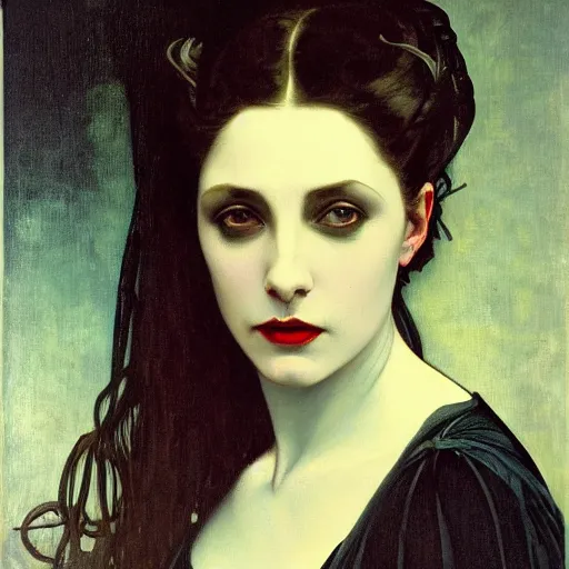 Image similar to A beautiful painting of a lady vampire, victorian, dracula, ominous, oil on canvas, photorealism, alphonse mucha, caravaggio, irwin penn, high definition, soft light