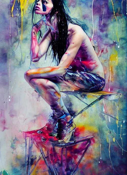 Image similar to adriana lima by agnes cecile and enki bilal, sitting on a stool, bent over posture, full body portrait, extremely luminous bright design, pastel colours, drips, autumn lights