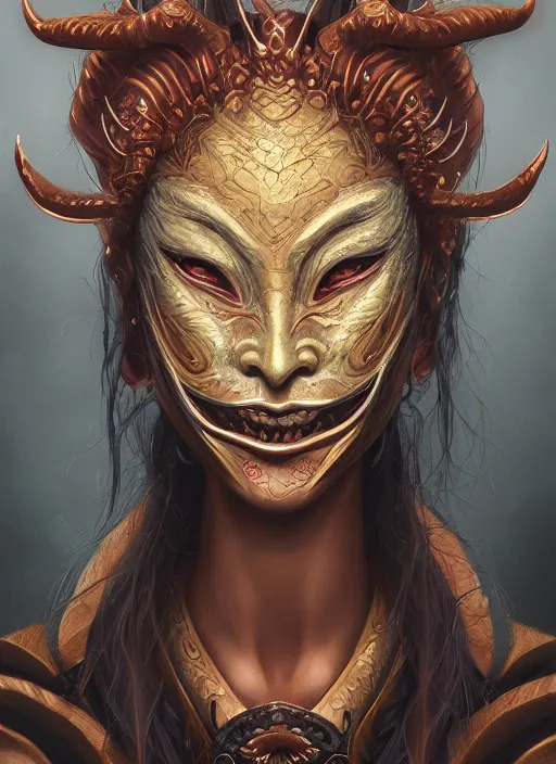 Image similar to a beautiful detailed oil on copper art illustration of a japanese namhage mask devil woman, centered, by charlie bowater, zeng fanzh, trending on artstation, dim dusk lighting, cinematic lighting, detailed lighting, volumetric lighting, realistic, f 8, 4 k hd wallpaper