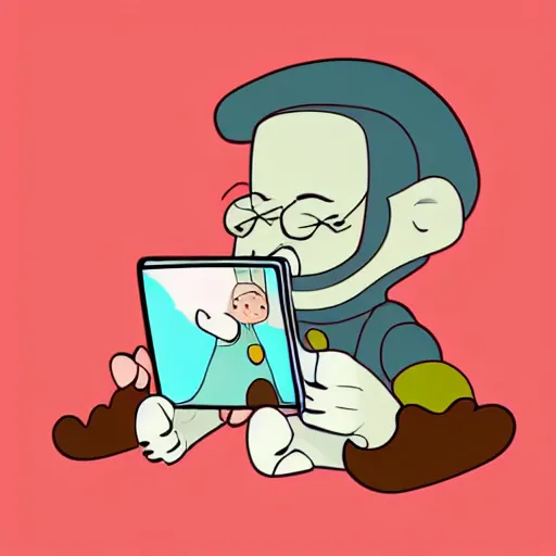 Image similar to cute cartoon character, curled perspective, digital art, beard grandpa taking a photo to a baby girl, jeanarp