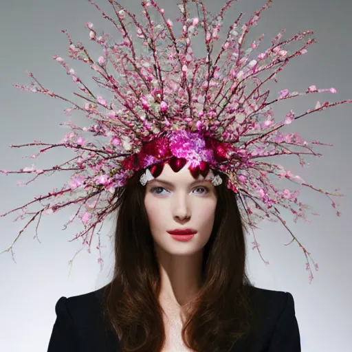 Prompt: headdress designed by philip treacy made of cherry blossoms