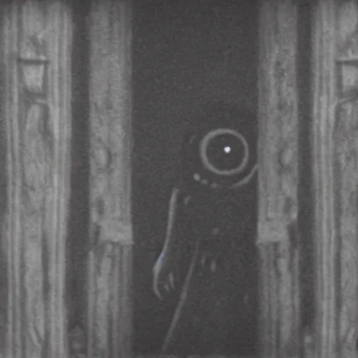 Prompt: humanoid ghost with an unnatural smile in bloodborne, it has huge eyes and is staring at the camera from the end of a dark hallway. caught on vhs, film grain,