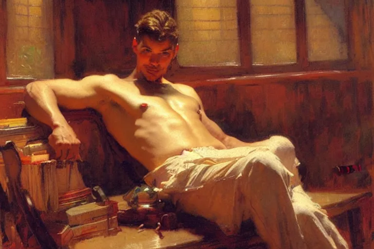 Image similar to academia, attractive male, painting by gaston bussiere, craig mullins, j. c. leyendecker, greg rutkowski