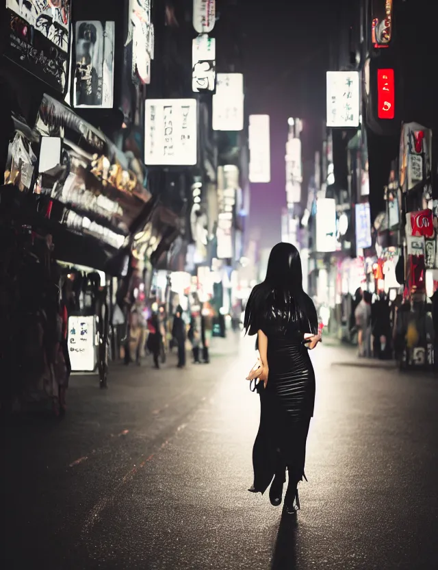 Image similar to portrait shot of a dark hair girl dressed by rick owens walking through shibuya lit by neons, night time, cinematic lights, annie leibovitz, 4k, highly detailed, glows, reflections, red leds, smoke, shallow depth of field, sigma 85mm 1.4