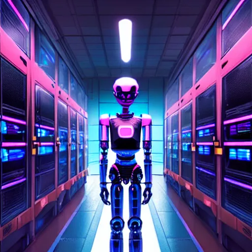 Image similar to highly detailed surreal neon robot android in the data center. robocop, scream, stephen bliss, unreal engine, greg rutkowski, loish, rhads, beeple, makoto shinkai and lois van baarle, ilya kuvshinov, rossdraws, tom bagshaw, global illumination, detailed and intricate environment