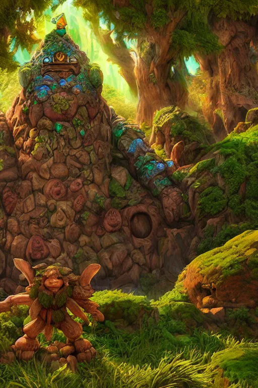 Image similar to zelda fantasy art giant golem troll wood rock greeble gemstone enchanted forest, global illumination ray tracing hdr fanart arstation by sung choi and eric pfeiffer and gabriel garza and casper konefal bastion forged hardmesh lisa frank zbrush central radiating a glowing aura global illumination ray tracing hdr