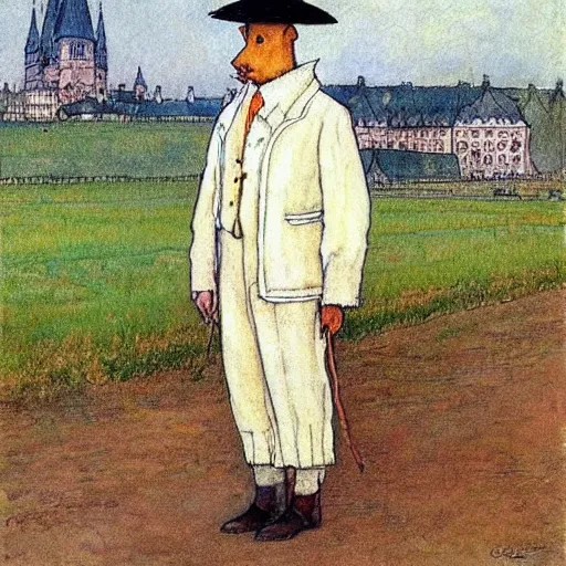 Image similar to painting by carl larsson, cow, dressed, anthropomorphic!!, wearing!!! clothes!!!, standing next to royal castle!!!