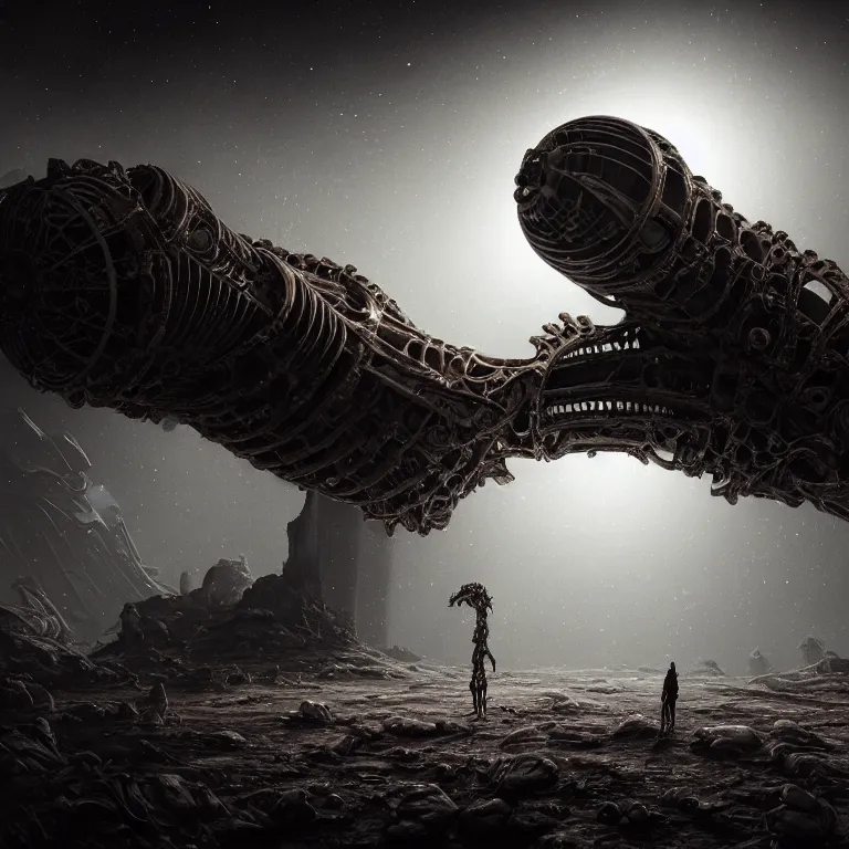 Image similar to portrait of ribbed abandoned biomechanical crashed spaceship on exoplanet in a desolate empty wasteland, creepy, nightmare, dream-like heavy atmosphere, surreal abandoned buildings, baroque painting, beautiful detailed intricate insanely detailed octane render trending on Artstation, 8K artistic photography, photorealistic, chiaroscuro, cinematic volumetric light, Raphael, Caravaggio, Beksinski, Giger