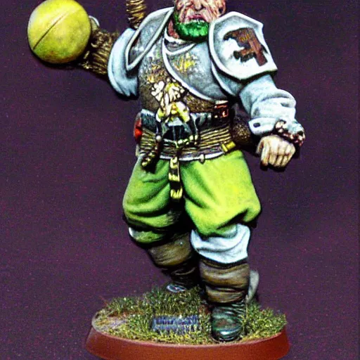 Image similar to Warhammer fantasy dwarf holding a football, by John blanche