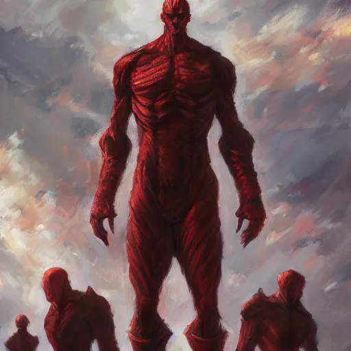 Prompt: colossal titan hundreds of thousands of feet tall, concept art oil painting by Jama Jurabaev, extremely detailed, brush hard, artstation, fantasy art