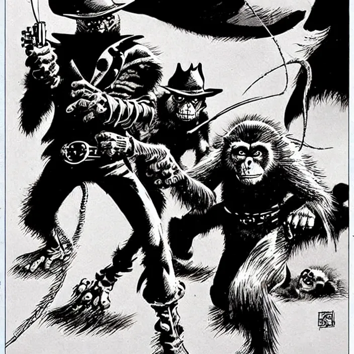 Image similar to sergio toppi art style, futuristic cowboys fighting apes