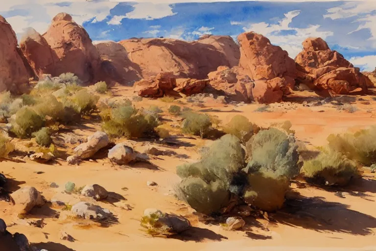Prompt: watercolor painting of rocky desert landscape closeup, ambient lighting, art by hans gude, art by hans dahl, by jesper ejsing, art by anders zorn, wonderful masterpiece by greg rutkowski, cinematic light, american romanticism by greg manchess, creation by tyler edlin