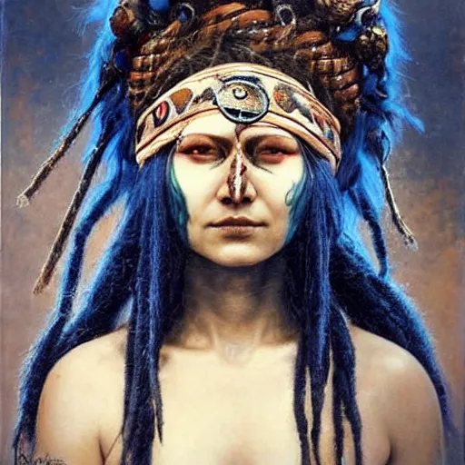 Image similar to A young blindfolded shaman woman with a decorated headband, in the style of heilung, blue hair dreadlocks and wood on her head., made by karol bak