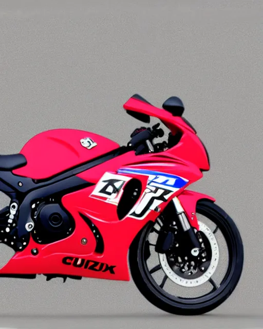 Prompt: an array of parts composing a cherry-red Suzuki GSX-R1000 motorcycle, body, mirrors, engine, wheels, chrome, aerodynamic