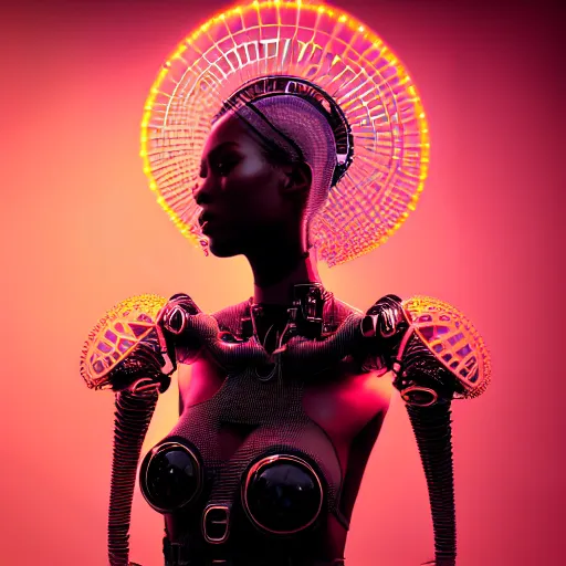 Image similar to portrait of an absurdly beautiful, graceful, sophisticated, fashionable cyberpunk mechanoid gravure idol, hyperdetailed illustration by irakli nadar, adut akech, matt wisniewski style, intricate linework, dark black porcelain skin, jellyfish headdress, unreal engine 5 highly rendered, global illumination, neon red light, detailed and intricate environment