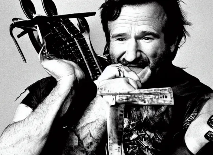 Image similar to promotional image of robin williams as a heavy metal singer in a movie from 1978, rugged black clothes, detailed face, movie still frame, promotional image, imax 70 mm footage