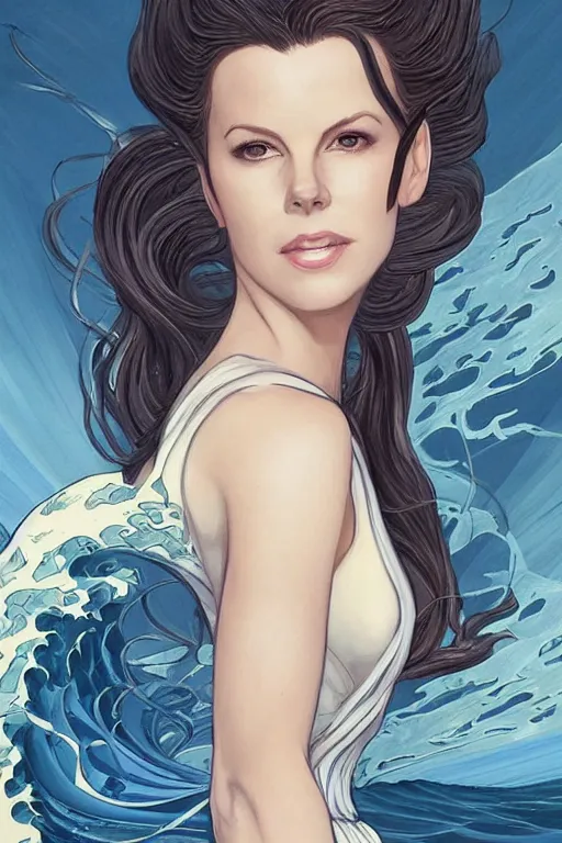 Prompt: kate beckinsdale as a heroine with a dress inspired by the great wave off kanagawa by Hokusai, digital painting, artstation, concept art, smooth, sharp focus, illustration, art by artgerm and donato giancola and Joseph Christian Leyendecker, Ross Tran, WLOP