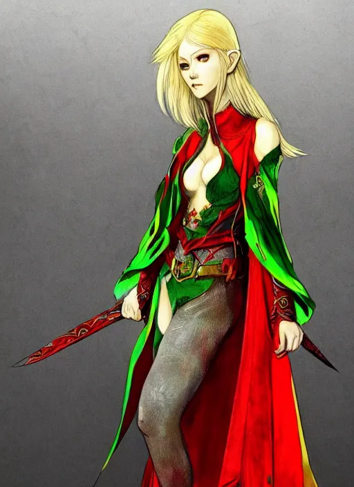 Prompt: Full body portrait of a beautiful young blonde short haired elven princess wearing red, green and gold priest robe. In style of Yoji Shinkawa and Hyung-tae Kim, trending on ArtStation, dark fantasy, great composition, concept art, highly detailed.