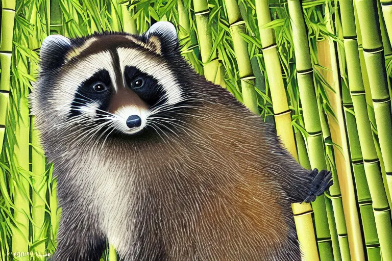 Prompt: Tanuki raccoon dog in a bamboo forest illuminated by full moon, semi-realistic, highly coherent digital art