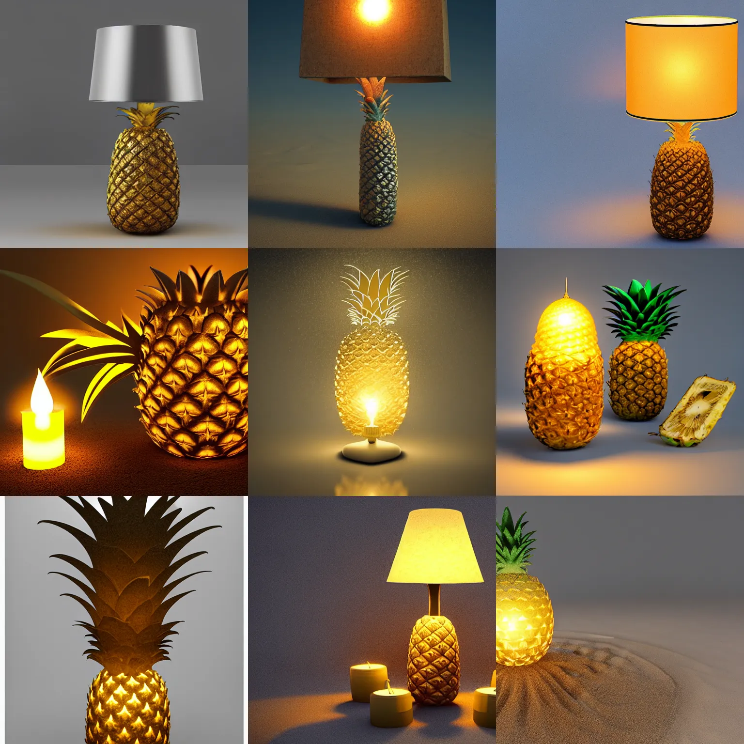 Prompt: pineapple lamp buried in sand, by wojciech siudmak by eiq, cgsociety, glowing swirling mist, candles, epic lighting, render