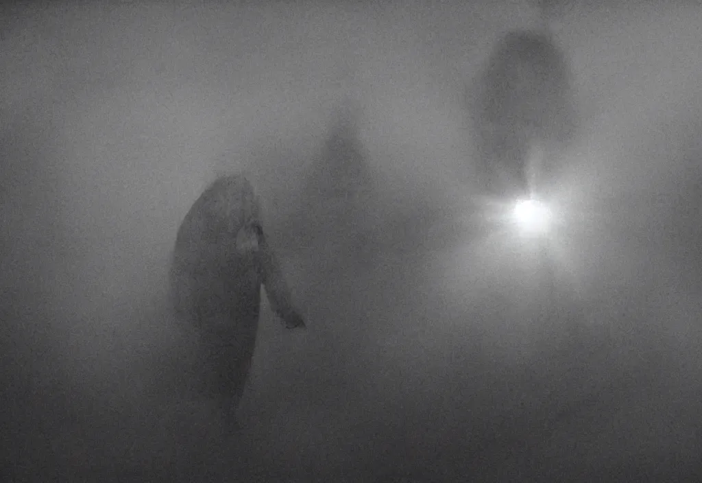 Image similar to light coming out of pulgasari the kaiju starfish monster, korean film noir, fog, 4 k, video compression, video glitch, monochrome, orson welles