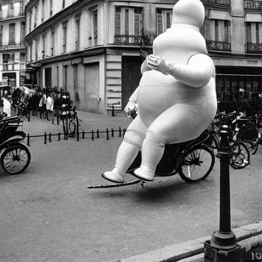 Prompt: a Michelin man in Paris, 1901, black and white photograph