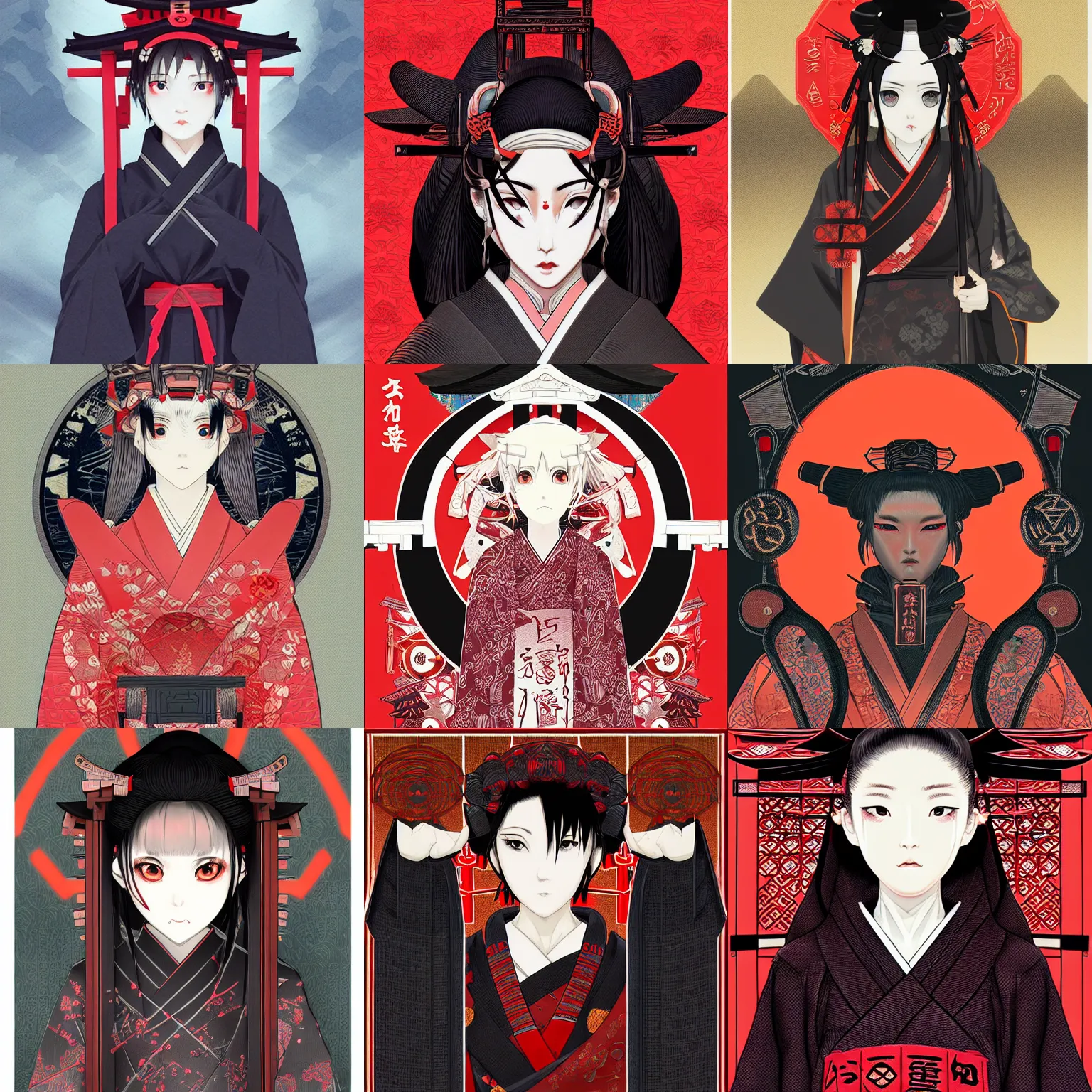 Prompt: techwear kimono occultist, torii gate, inari shrine, miko, hime, beautiful, detailed symmetrical close up portrait, intricate complexity, in the style of kyoto animation key visuals and takato yamamoto, artgerm, cel shaded