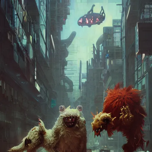 Image similar to crazy monsters, furry creatures, monster emotional monsters and creatures in the cyberpunk wrecked city, wrestling each other in the style of Johfra and Shaun Tan, By Ruan Jia and Artgerm and Range Murata and WLOP and Ross Tran and William-Adolphe Bouguereau and Beeple, Fantasy Illustration. octane render, award winning, Artstation, intricate details, realistic, Hyperdetailed, 8k resolution, deep rich colors.