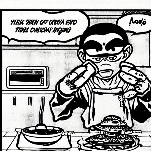 Image similar to evil anthropomorphic cookie cooking a bunch of cookies, in the kitchen, in dragon ball manga by akira toriyama, black ink