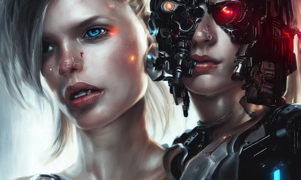 Image similar to a beautiful young girl with a cyborg body Fight with terminator, fine details, cyberpunk, realistic shaded Perfect face ,featured in cinematic, elegant, highly detailed,artstation,illustration, 8k