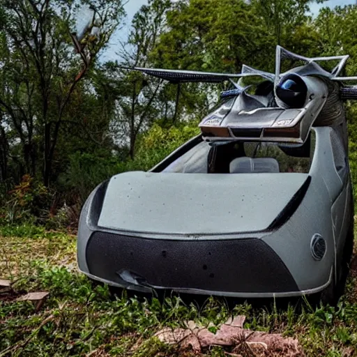 Image similar to a futuristic flying car floating through an overgrown abandoned city