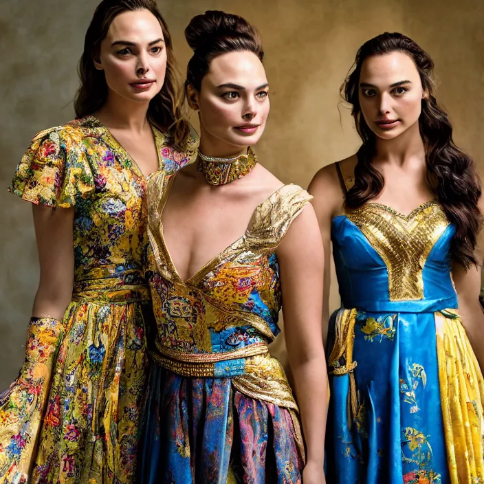 Image similar to portrait of margot robbie and gal gadot wearing southeast asian traditional dress, by charlotte grimm, natural light, detailed face, canon eos c 3 0 0, ƒ 1. 8, 3 5 mm, 8 k, medium - format print