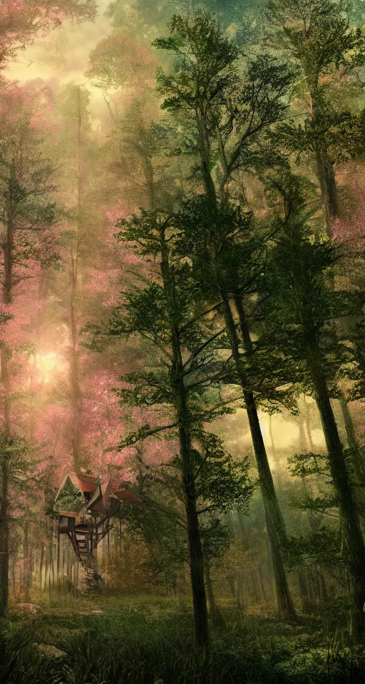 Image similar to wayne white, light yellow forest illustration artstation, close up of treehouse high up in trees, light pink and green foliage, muted colors, sun shining through big clouds, light blue, concept art, photo-real, cinematic, 8k