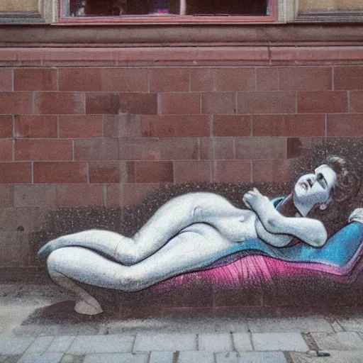 Image similar to by randolph caldecott chromatic aberration terrifying. a street art of a woman reclining on a bed.