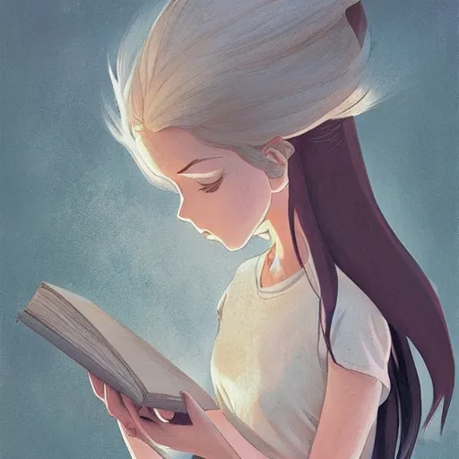 Image similar to a girl reading a book!!!, hair flowing down, symmetric, anatomically correct!, by hayao miyazaki, greg rutkowski