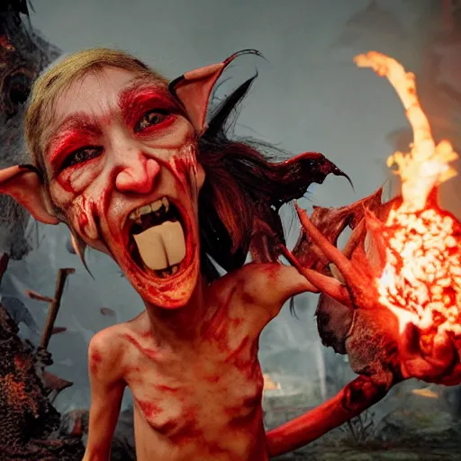 Image similar to a cute, enraged elf with violent skin reflecting a fiery scene, a scarred face, a bob haircut, and bushy eyebrows, grinning, with hell aflame behind them, in the style of gary frank and rafael albuqurque, rendered in unreal engine