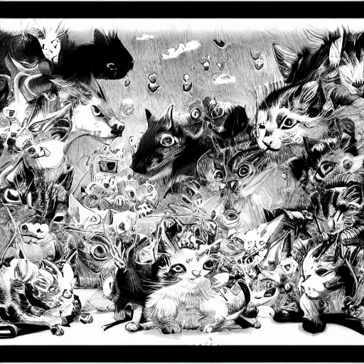 Image similar to Kittens summoning milk bones manga panel award winning black and white art by Kim Jung Gi highly detailed pen and ink matte painting