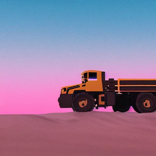 Image similar to a mining dump truck chilling on the beach, sunset, vaporwave