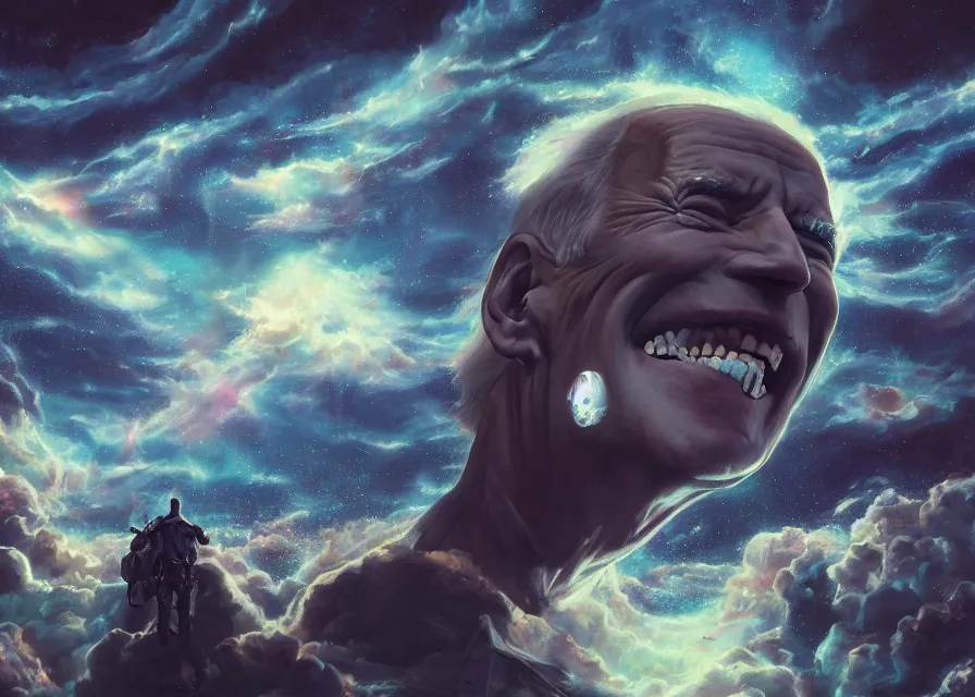 Prompt: large abstract painting of giant grinning evil dynamic Joe Biden hidden amidst cosmic clouds at giant immense crowd of person army, trending on ArtStation, masterpiece, by Ciurlionis, octane, lightbeam eyes, oil on canvas, moody lighting, lights beaming out of eyes, cinematic, professional environment concept art