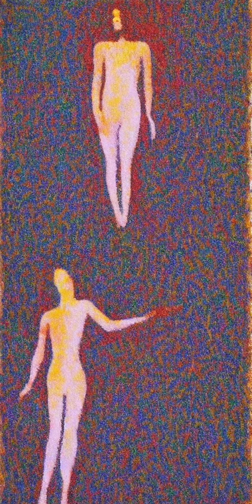 Image similar to a film still of suspiria by dario argento 1 9 7 7 movie, painted by georges seurat, impressionism, points, pointillism, high quality