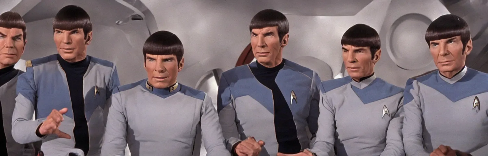 Image similar to a screencap of captain kirk, mr. spock and doctor mccoy on the bridge of the enteprise, in star trek the original series