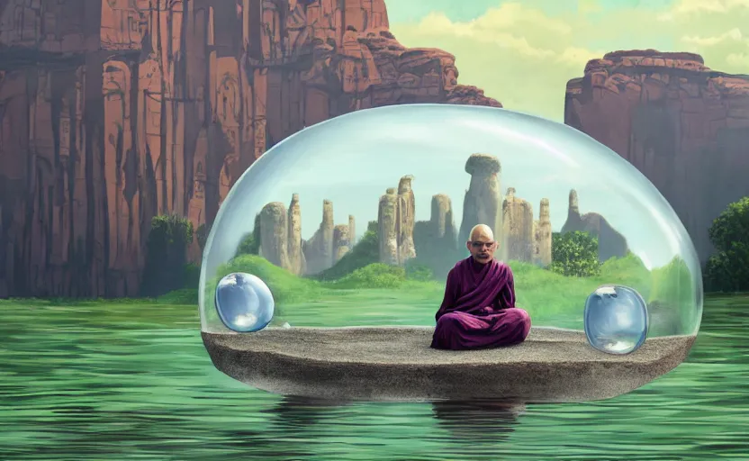 Image similar to a scary hyperrealist painting of an indian monk in a giant transparent bubble from howl's moving castle ( 2 0 0 4 ) in a flooded monument valley stonehenge jungle. depth perception, 4 k, artstation, in the style of studio ghibli