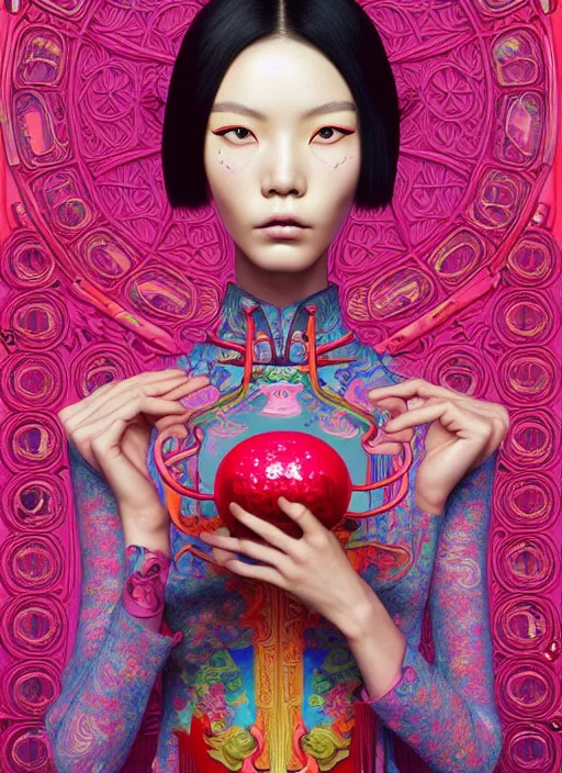 Image similar to pretty chinese model with hallucination mushroom : : by martine johanna and simon stalenhag and chie yoshii and casey weldon and wlop : : ornate, dynamic, particulate, rich colors, intricate, elegant, highly detailed, centered, vogue, harper's bazaar art, fashion magazine, smooth, sharp focus, octane render, 8 k