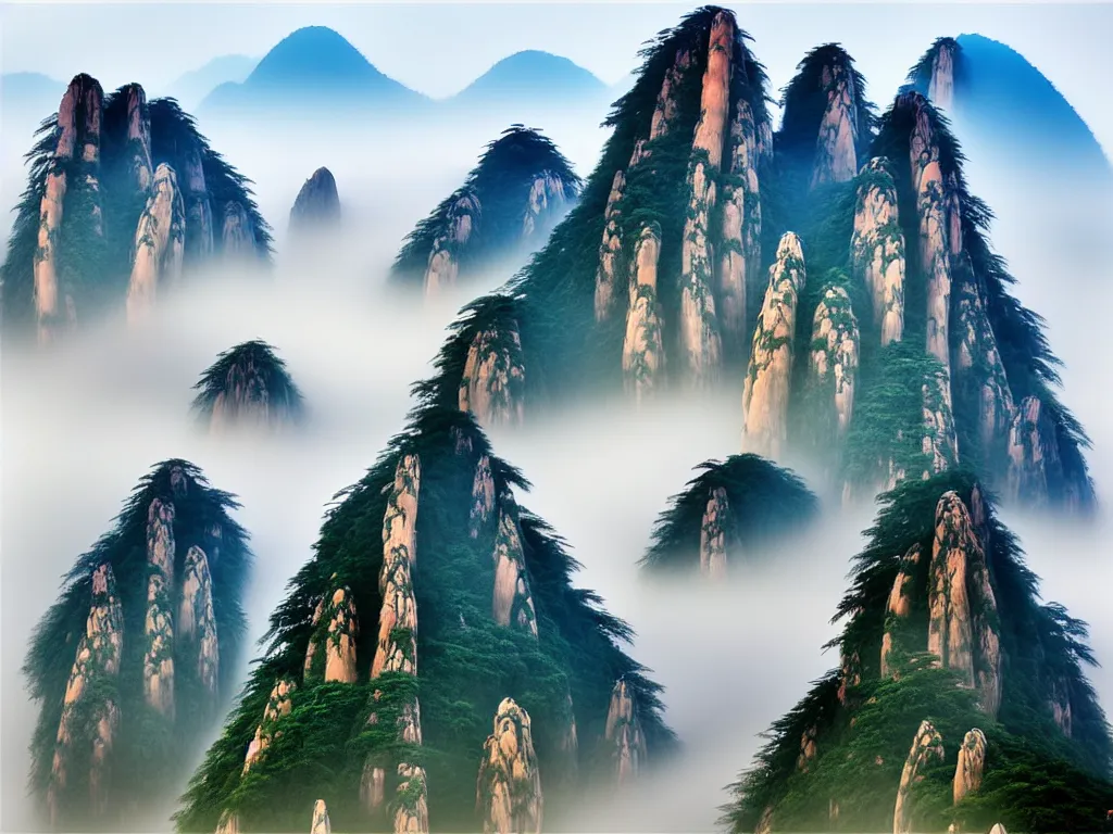 Image similar to chinese shanshui painting of huangshan on a foggy day by shenzhou 沈 周