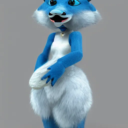 Image similar to 3 d render, well toned, large and tall, female, anthropomorphic wolf with a short snout, blue scales with white spots, icey blue dress, fur covering her chest.