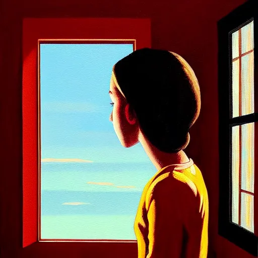 Image similar to a girl pensively looking out the window, painting by jeffrey smith