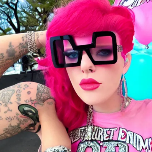 Prompt: jeffree star 2 0 0 0 s selfie with pink red hair wearing rhinestone glasses with a rhinestone mcbling crop top