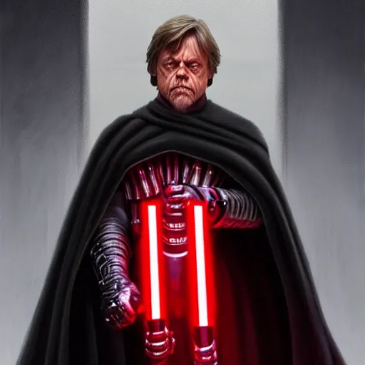 Image similar to Mark Hamill as Sith Lord with red light saber and in power armor, western, D&D, fantasy, intricate, elegant, highly detailed, digital painting, artstation, concept art, matte, sharp focus, illustration, art by Artgerm and Greg Rutkowski and Alphonse Mucha